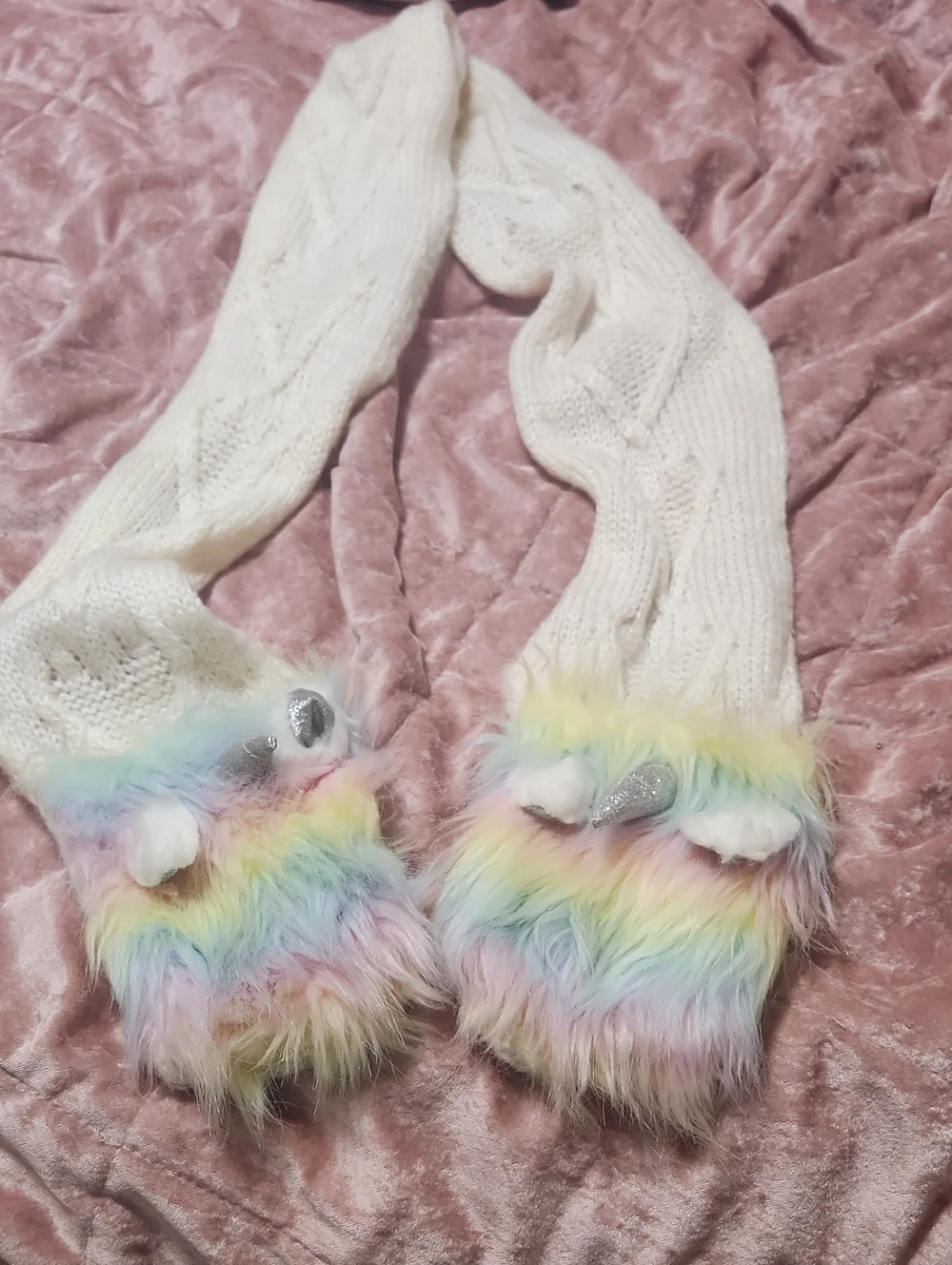 Kids Rainbow Faux-Fur Unicorn Hand Warmer Scarf And Fingerless Gloves